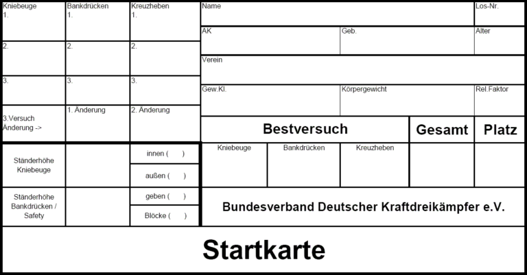 Startkarte des BVDK für einen Powerlifting Wettkampf